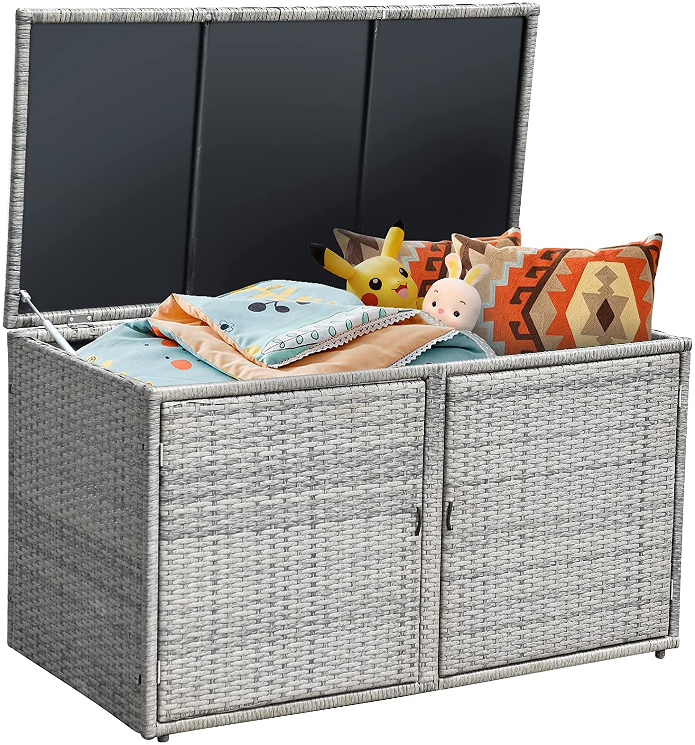 88 Gallon Patio Wicker Storage Box Rattan Deck Bench with Openable Door
