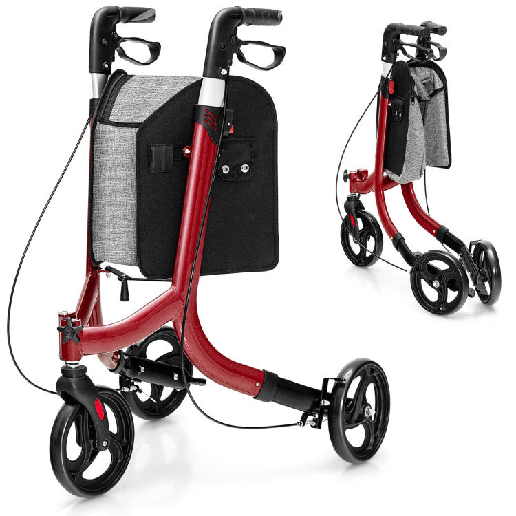 3 Wheel Foldable Rollator Walker with Height Adjustable Handles and Removable Large Shopping Bag