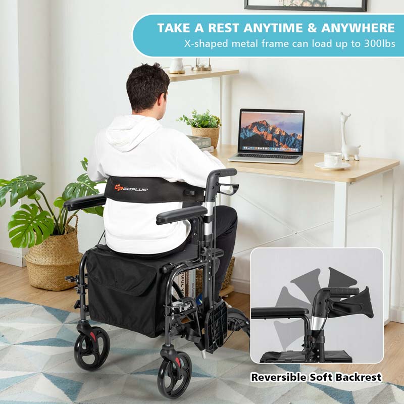 2 in 1 Folding Rollator Walker 4 Wheel Medical Wheelchair with Height-Adjustable Handle