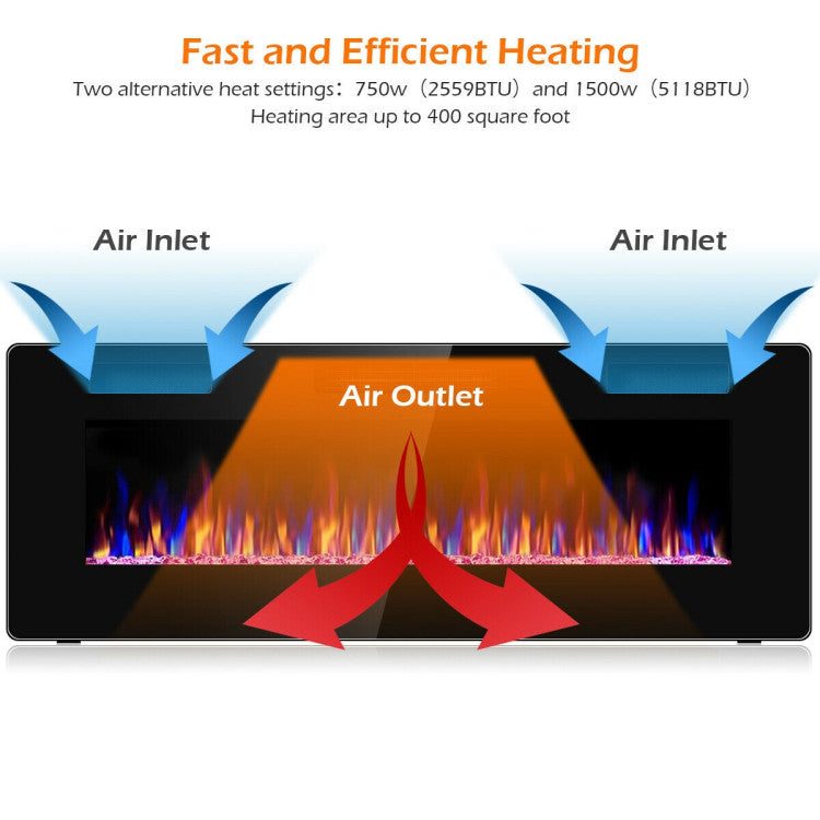 50 Inches Recessed Electric Fireplace Ultra Thin Wall Mounted Electric Heater with Remote Control and Timer