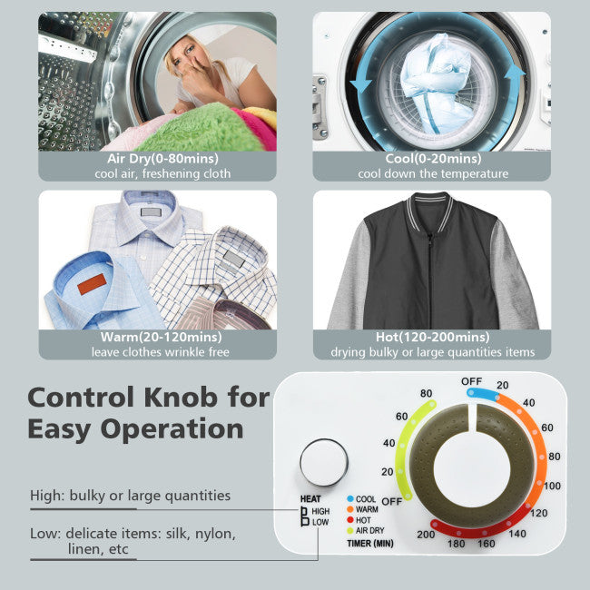 Portable Compact Laundry Dryer Wall Mounted Electric Clothes Dryer with Stainless Steel Tub