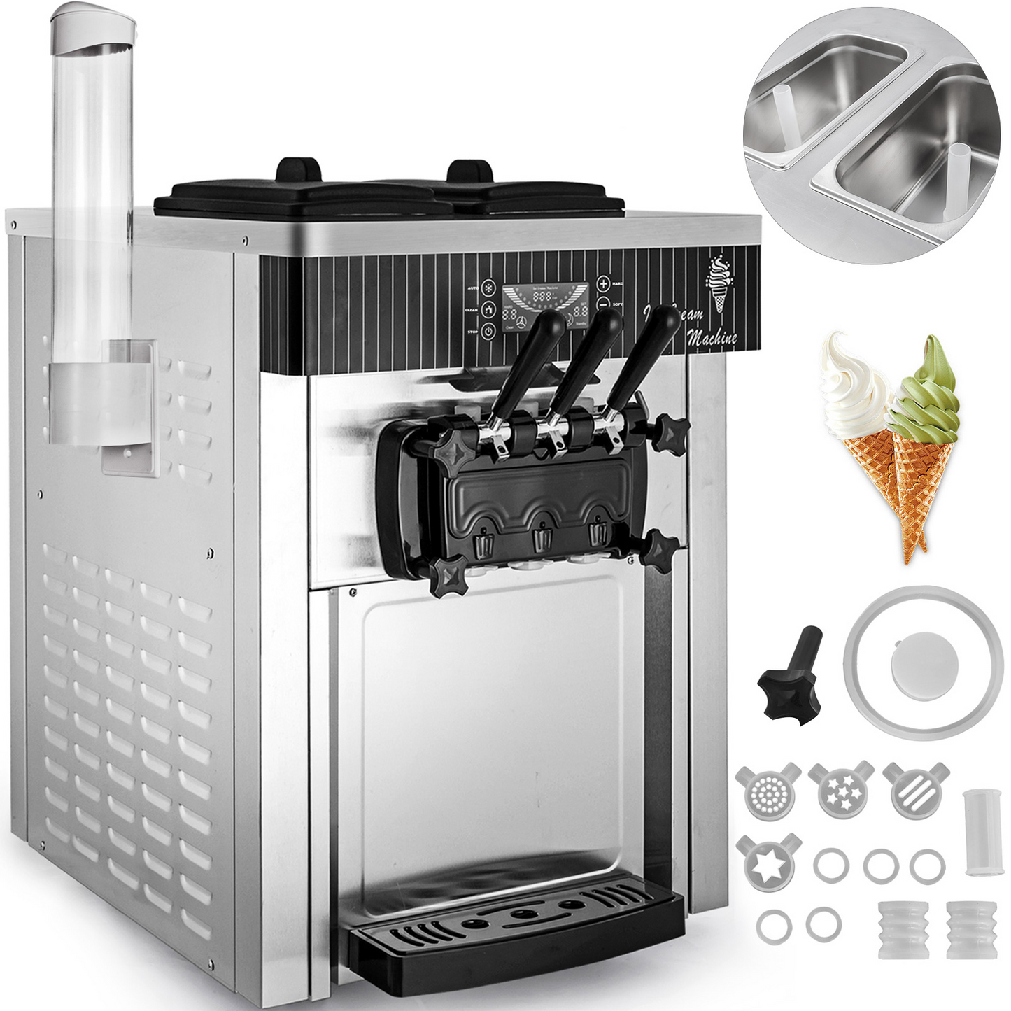 2200W Commercial 3 Flavor Soft Ice Cream Stainless Steel Machine With LED Display