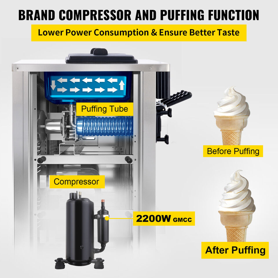 2200W Commercial 3 Flavor Soft Ice Cream Stainless Steel Machine With LED Display