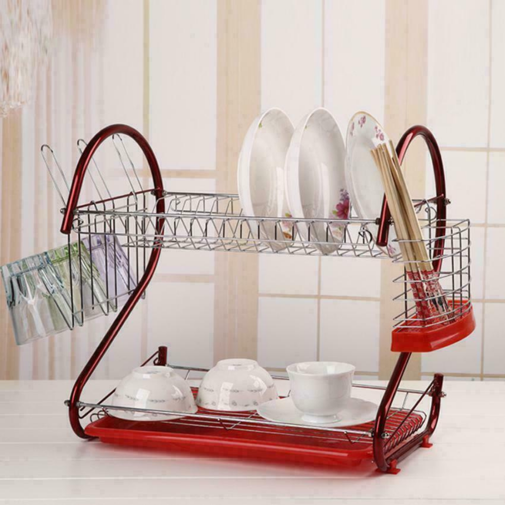 Large Kitchen Red Dish Drying Rack 2 Tier - Westfield Retailers