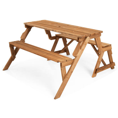 2-in-1 Outdoor Transforming Interchangeable Picnic Wooden Table Bench with Umbrella Hole