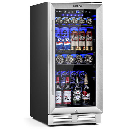 15 Inch Beverage Cooler Refrigerator 100 Can Built-in or Freestanding Wine Fridge with LED Lights and Adjustable Shelf