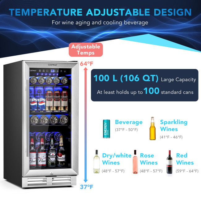 15 Inch Beverage Cooler Refrigerator 100 Can Built-in or Freestanding Wine Fridge with LED Lights and Adjustable Shelf