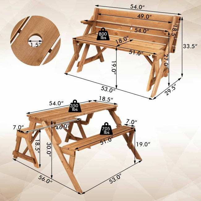 2-in-1 Outdoor Transforming Interchangeable Picnic Wooden Table Bench with Umbrella Hole