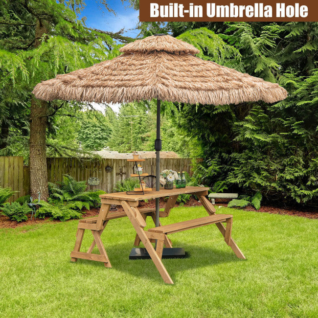 2-in-1 Outdoor Transforming Interchangeable Picnic Wooden Table Bench with Umbrella Hole