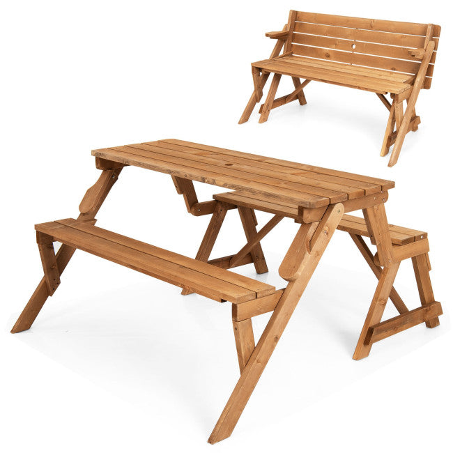 2-in-1 Outdoor Transforming Interchangeable Picnic Wooden Table Bench with Umbrella Hole