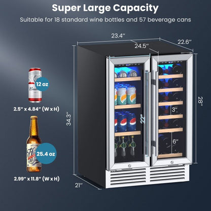 24 Inch Stainless Steel Dual Zone Wine and Beverage Cooler, 2-IN-1 Wine Refrigerator with LED Light