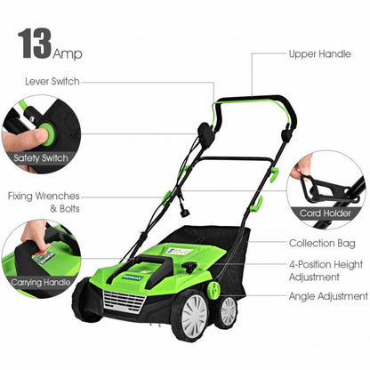 13 Amp 15" Electric Lawn Mower Corded Scarifier With 50L Collection Bag