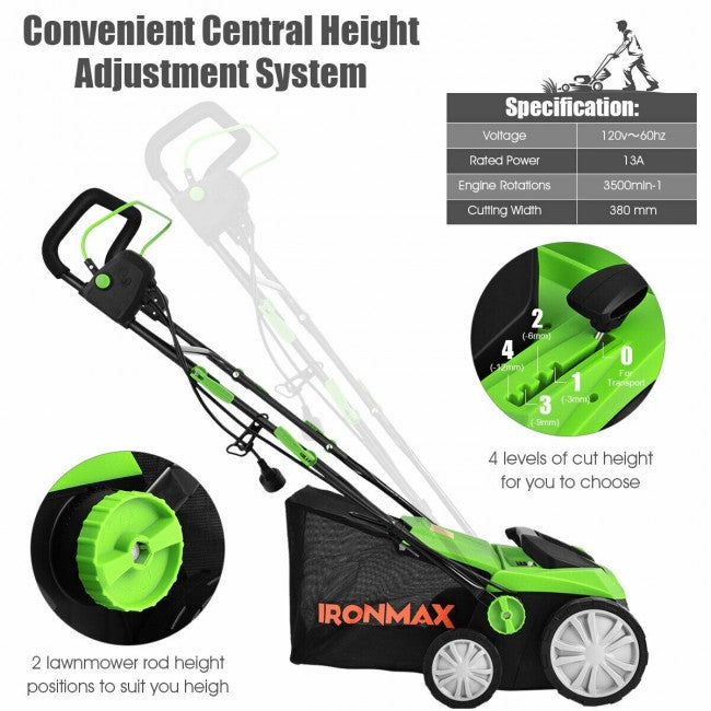 13 Amp 15" Electric Lawn Mower Corded Scarifier With 50L Collection Bag