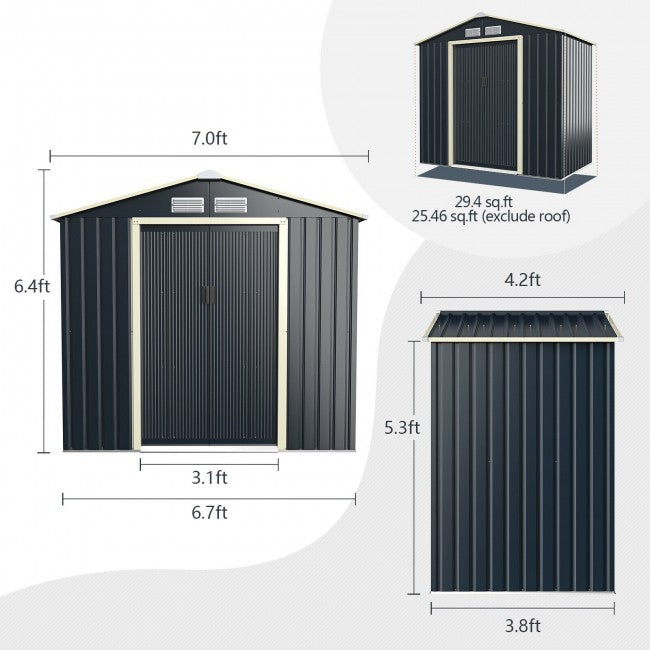 7 x 4 FT Outdoor Patio Metal Storage Shed Building Organizer with Double Sliding Doors and 4 Vents