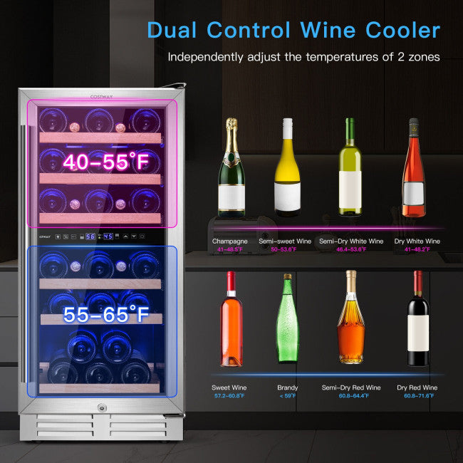 30-Bottle Freestanding Wine Cooler Refrigerator 15 Inch Dual Zone Beverage Fridge with Temperature Memory