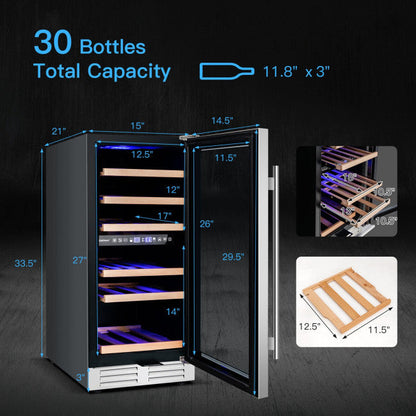 30-Bottle Freestanding Wine Cooler Refrigerator 15 Inch Dual Zone Beverage Fridge with Temperature Memory