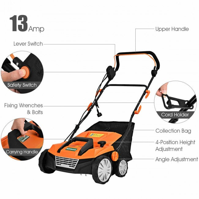 13 Amp 15" Electric Lawn Mower Corded Scarifier With 50L Collection Bag