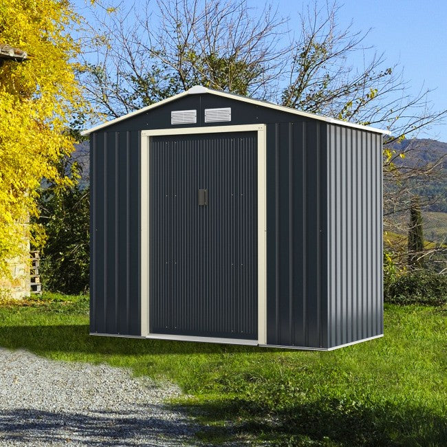 7 x 4 FT Outdoor Patio Metal Storage Shed Building Organizer with Double Sliding Doors and 4 Vents