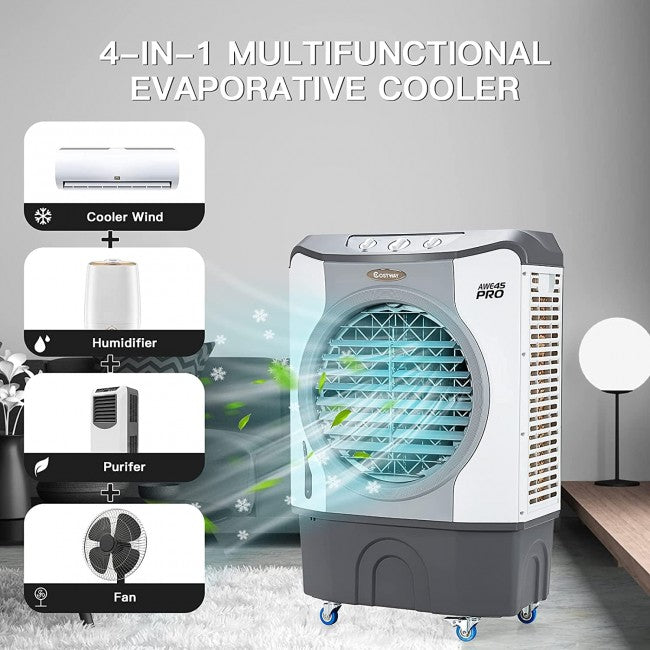 4-in-1 Industrial Evaporative Air Cooler Fan with 12 Gallon Tank and Wheels