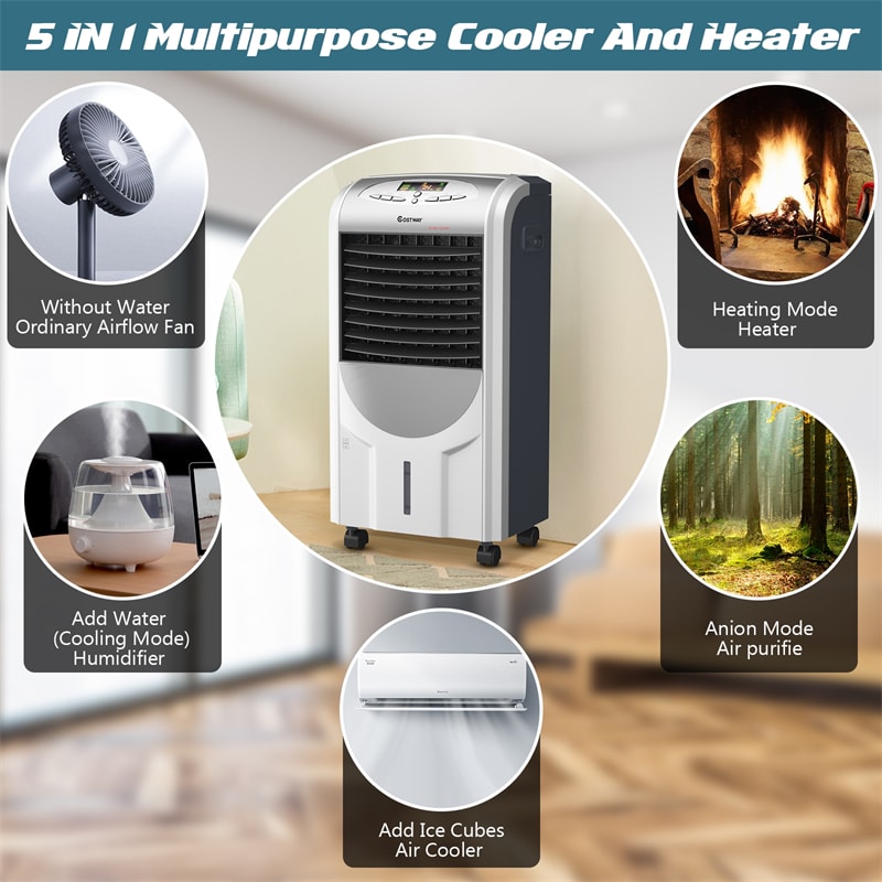 5 In 1 Portable Evaporative Cooler Fan with Heater Humidifier & Purifier, 8H Timer, 3 Speeds, 7L Tank, Remote Control