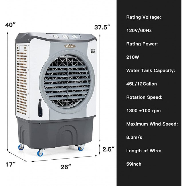 4-in-1 Industrial Evaporative Air Cooler Fan with 12 Gallon Tank and Wheels