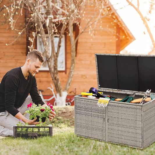 88 Gallon Patio Wicker Storage Box Rattan Deck Bench with Openable Door