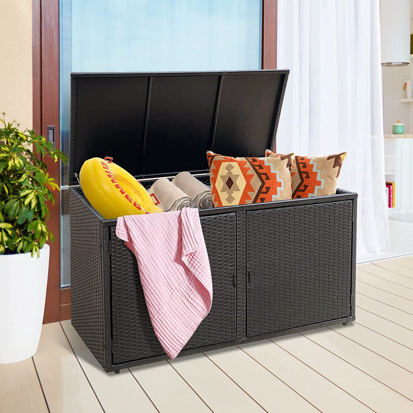 88 Gallon Patio Wicker Storage Box Rattan Deck Bench with Openable Door