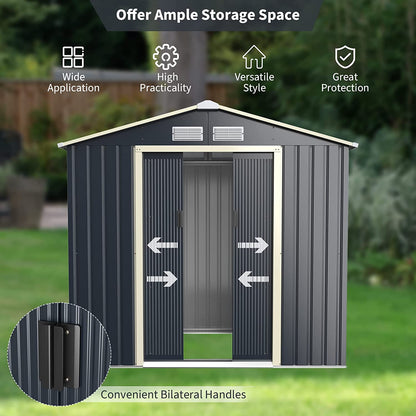 7 x 4 FT Outdoor Patio Metal Storage Shed Building Organizer with Double Sliding Doors and 4 Vents