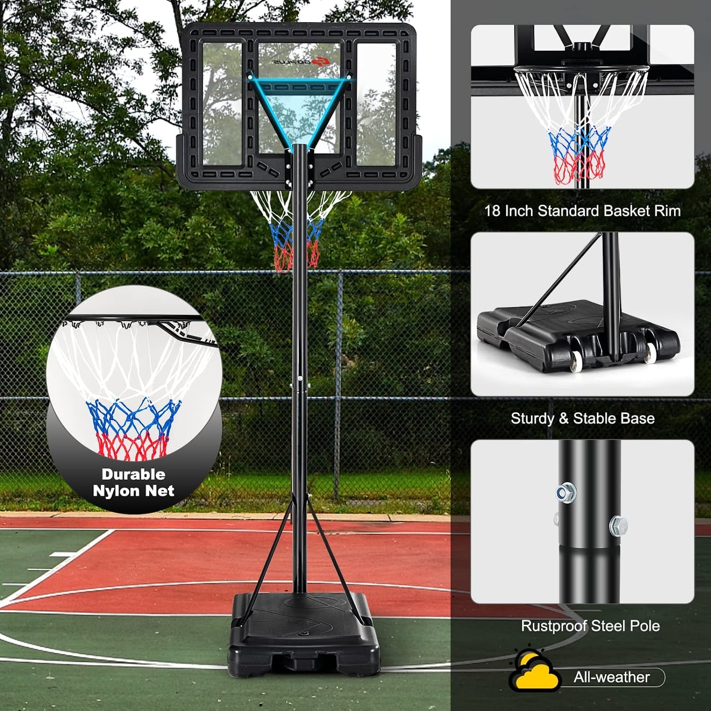 Outdoor Portable Basketball Hoop Stand Goal System with Adjustable Height and Shatterproof Backboard