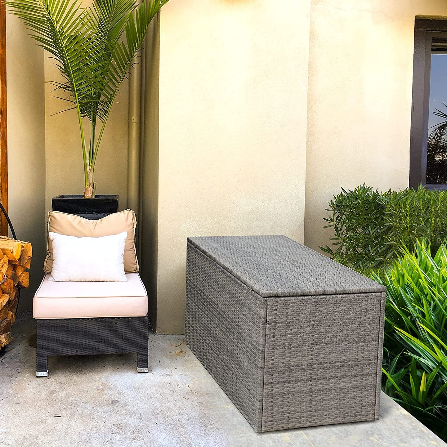 88 Gallon Patio Wicker Storage Box Rattan Deck Bench with Openable Door