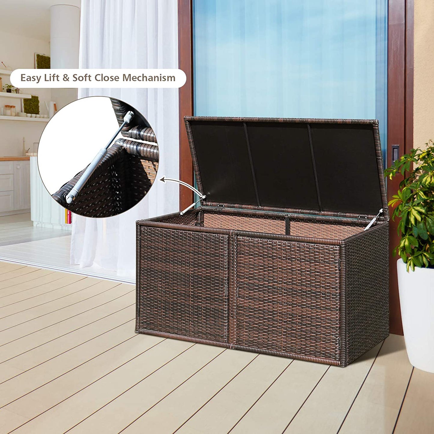 88 Gallon Patio Wicker Storage Box Rattan Deck Bench with Openable Door