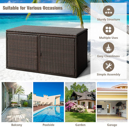 88 Gallon Patio Wicker Storage Box Rattan Deck Bench with Openable Door