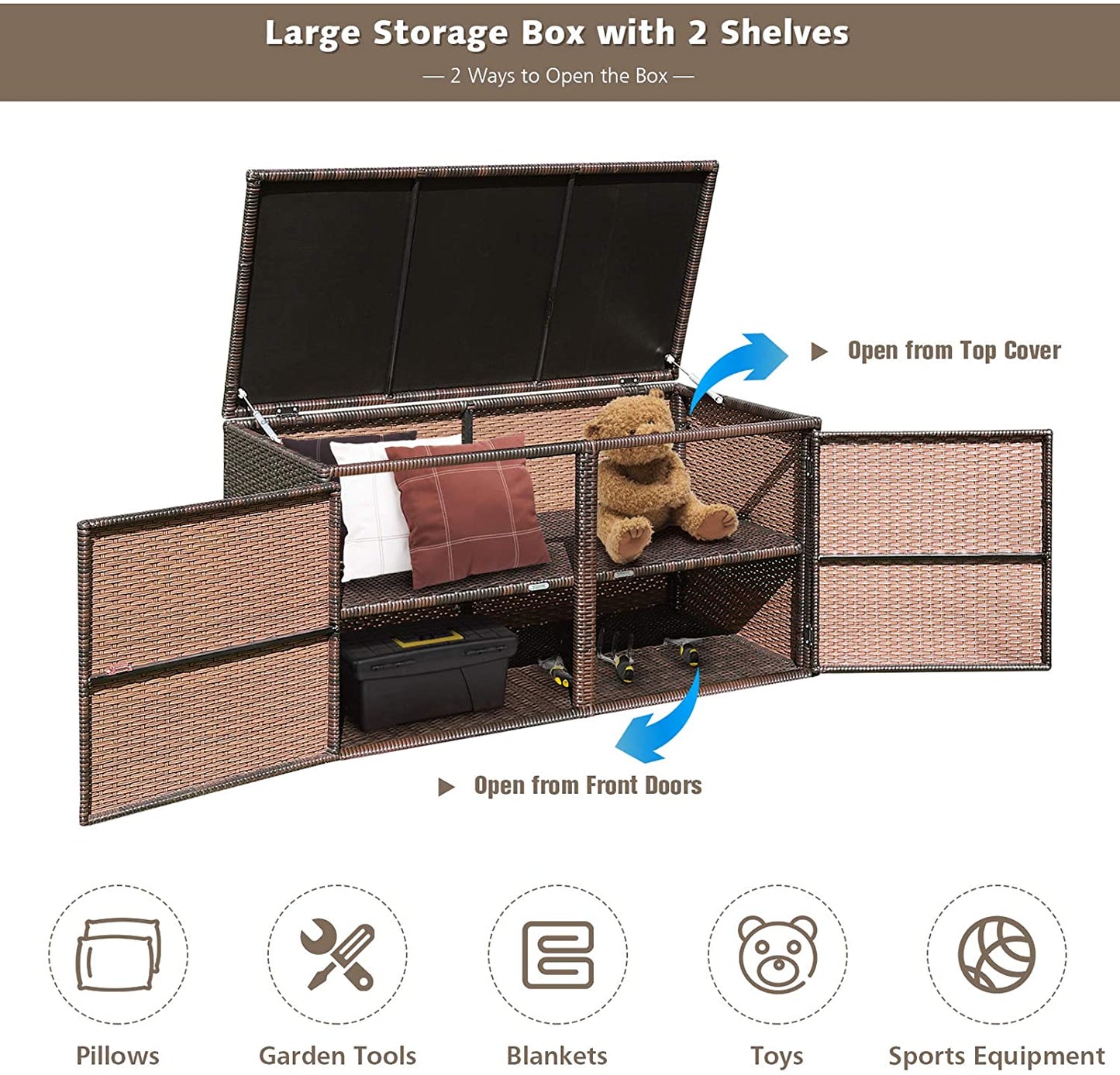 88 Gallon Patio Wicker Storage Box Rattan Deck Bench with Openable Door