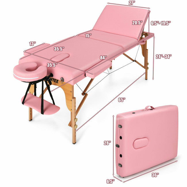 84inch Portable Folding Massage Table Lash Bed Adjustable 3 Sections Spa Salon Tattoo Bed with Carry Case