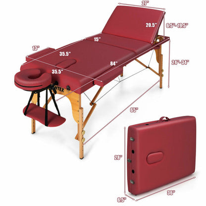 84inch Portable Folding Massage Table Lash Bed Adjustable 3 Sections Spa Salon Tattoo Bed with Carry Case