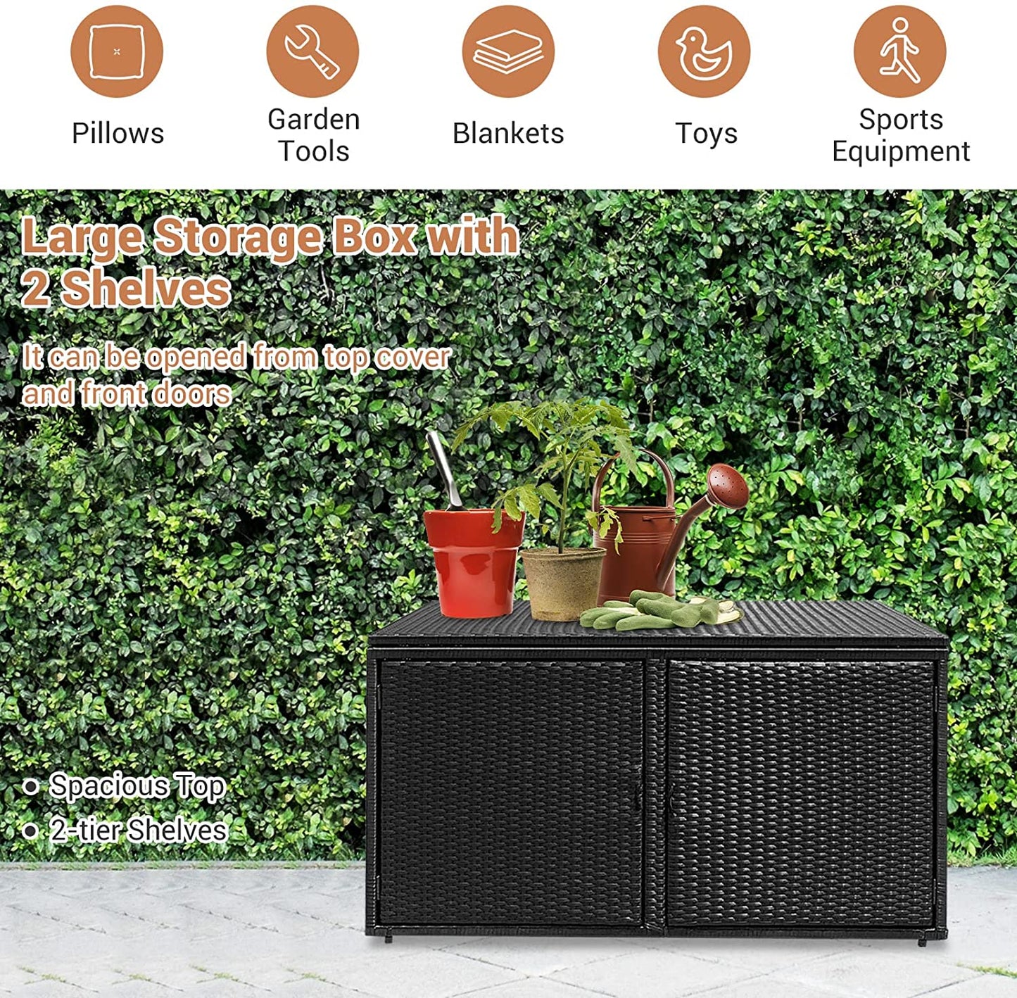 88 Gallon Patio Wicker Storage Box Rattan Deck Bench with Openable Door