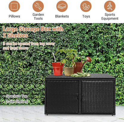 88 Gallon Patio Wicker Storage Box Rattan Deck Bench with Openable Door