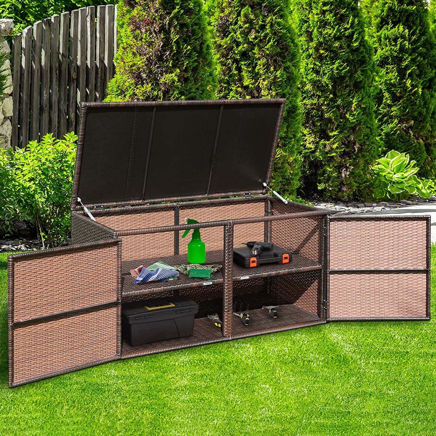 88 Gallon Patio Wicker Storage Box Rattan Deck Bench with Openable Door