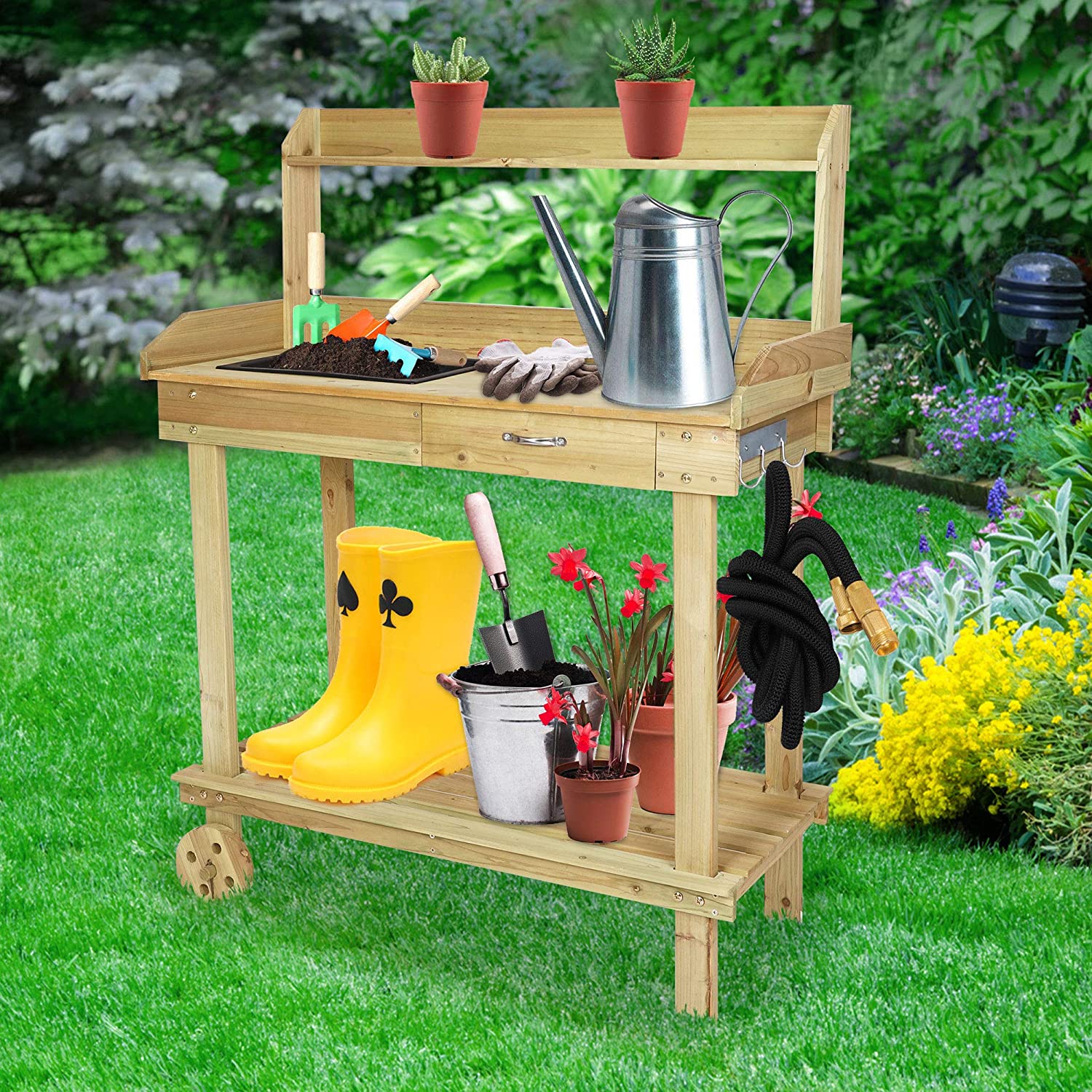 Large Spacious Outdoor Garden Wooden Potting Workbench Table With Sink - Westfield Retailers