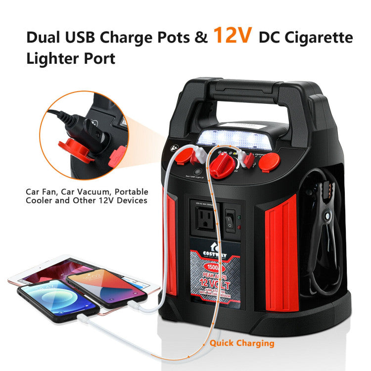 1500 Amp Jump Starter Air Compressor Car Battery Charger Power Bank with LED Light and Smart Clamps