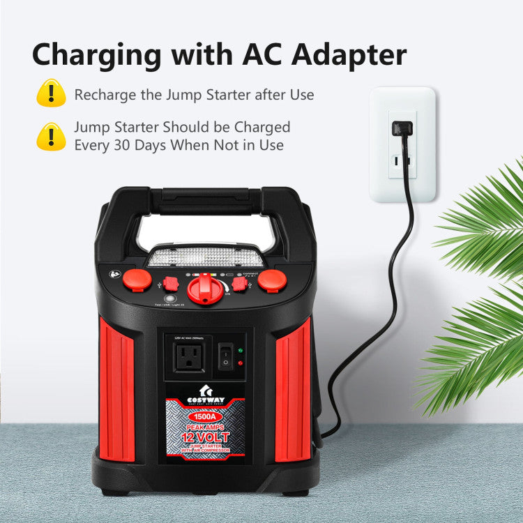 1500 Amp Jump Starter Air Compressor Car Battery Charger Power Bank with LED Light and Smart Clamps