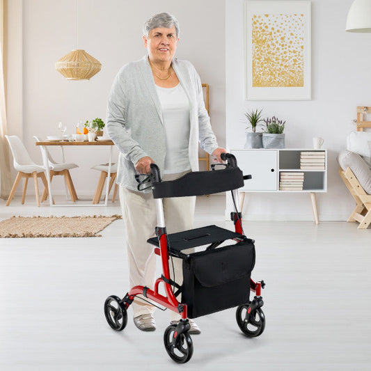 2-in-1 Folding Aluminum Rollator Walker Wheelchair with Adjustable Height and Detachable Storage Bag