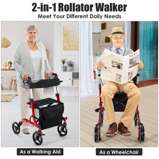 2-in-1 Folding Aluminum Rollator Walker Wheelchair with Adjustable Height and Detachable Storage Bag