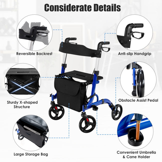 2-in-1 Folding Aluminum Rollator Walker Wheelchair with Adjustable Height and Detachable Storage Bag