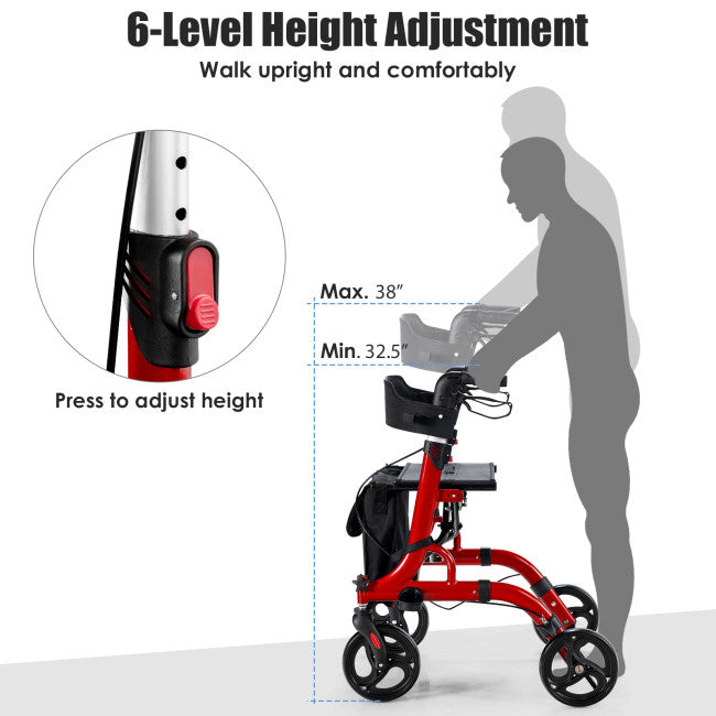 2-in-1 Folding Aluminum Rollator Walker Wheelchair with Adjustable Height and Detachable Storage Bag