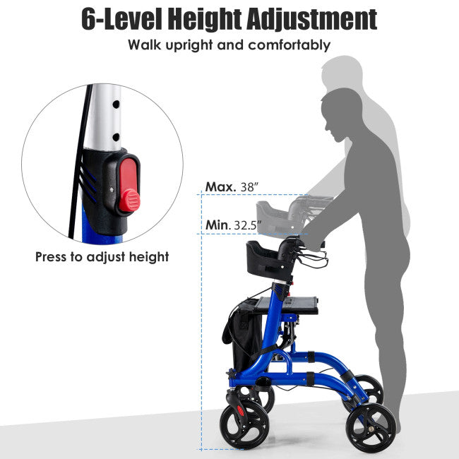 2-in-1 Folding Aluminum Rollator Walker Wheelchair with Adjustable Height and Detachable Storage Bag