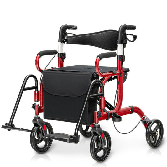 2-in-1 Folding Rollator Walker Transport Wheelchair with Detachable Storage Bag and Height Adjustable Handle