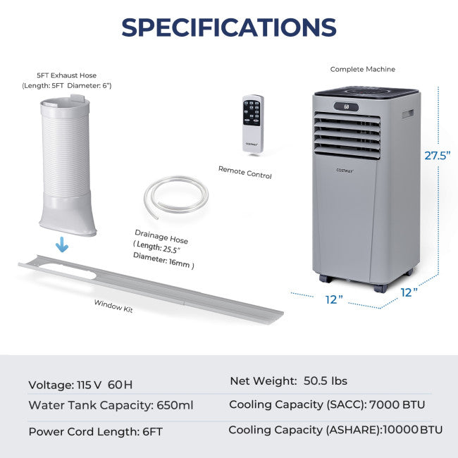 3-in-1 Portable Air Conditioner 10000BTU Air Cooler Fan with 24H Timer Function and Remote Control