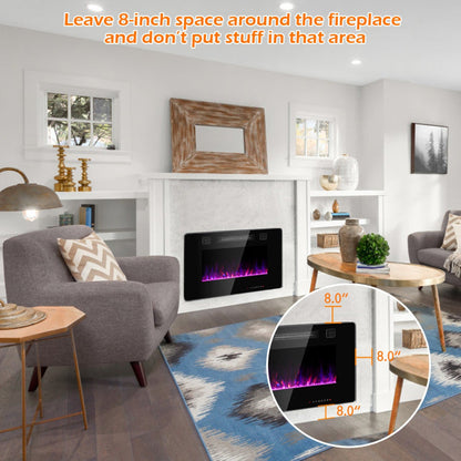 30" Recessed Ultra Thin Electric Fireplace Noiseless Electric Heater with Remote Control and Touch Screen