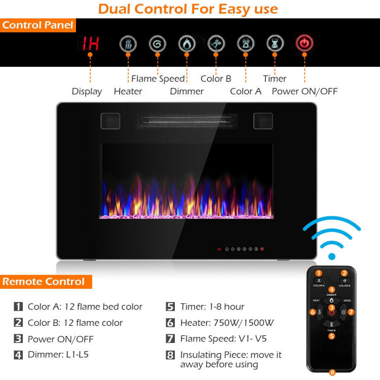 30" Recessed Ultra Thin Electric Fireplace Noiseless Electric Heater with Remote Control and Touch Screen